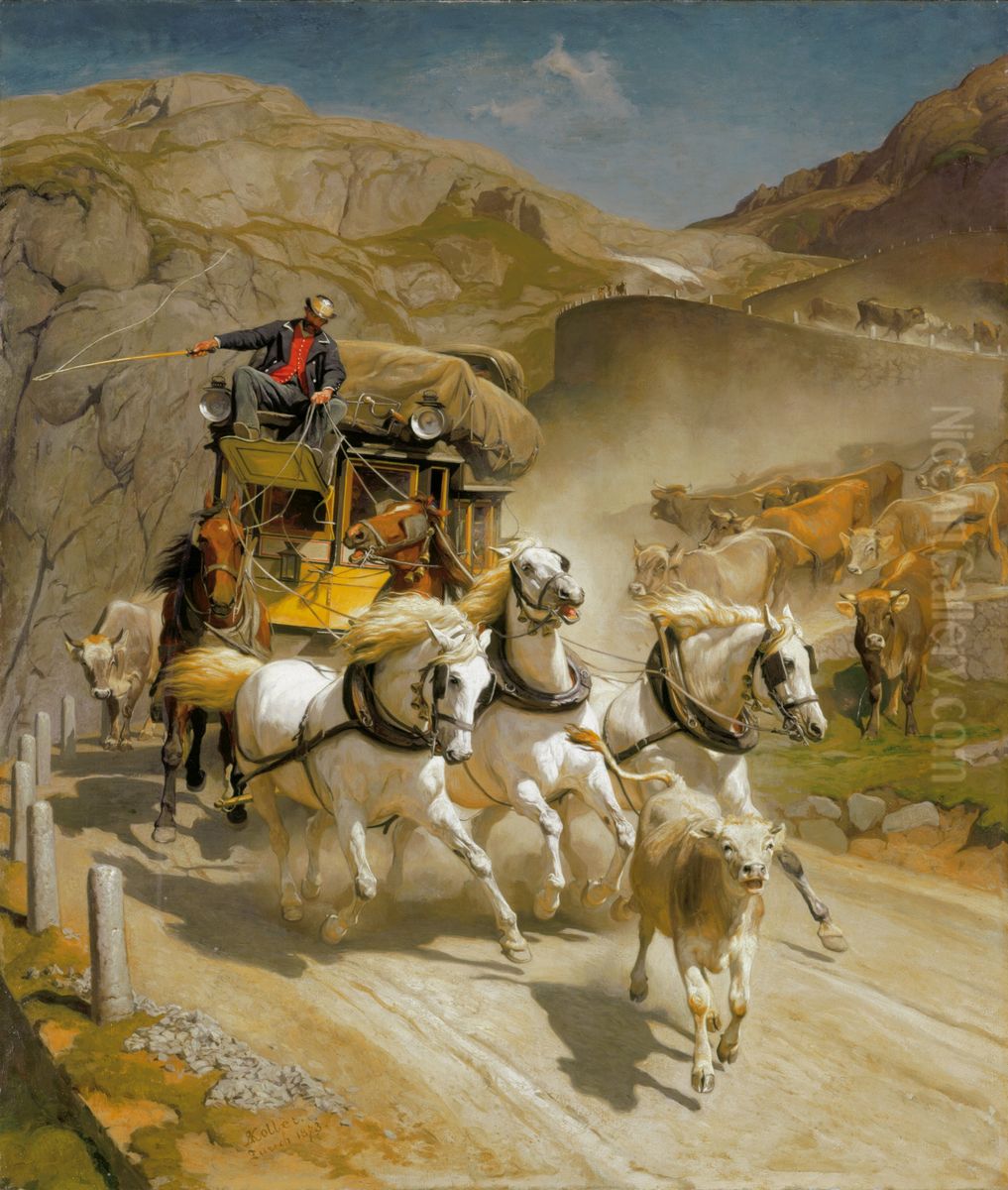 Die Gotthardpost Oil Painting by Rudolf Koller