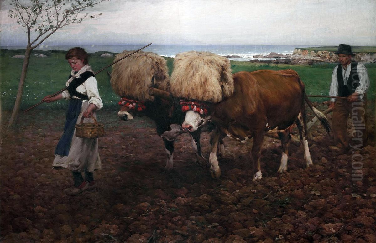 Plowing the land (Asturias) Oil Painting by Ventura Alvarez Sala