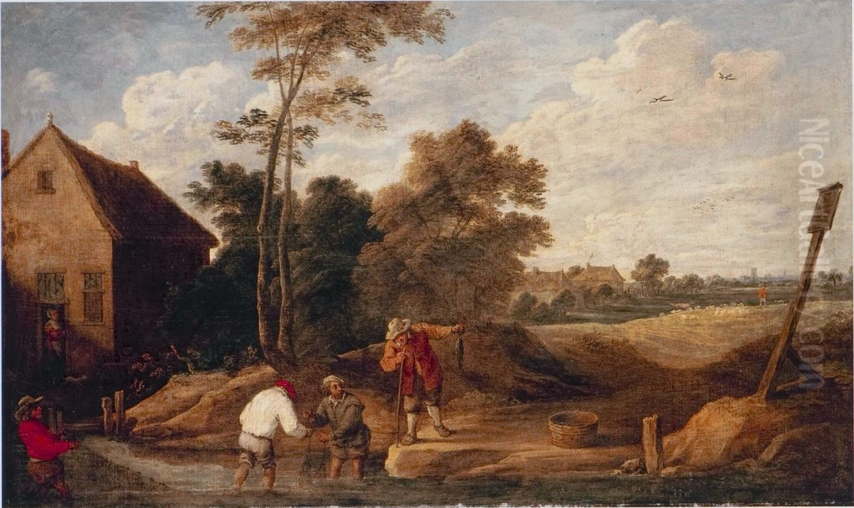 Vissende boeren in een beek, bij een boerderij Oil Painting by David Teniers the Younger