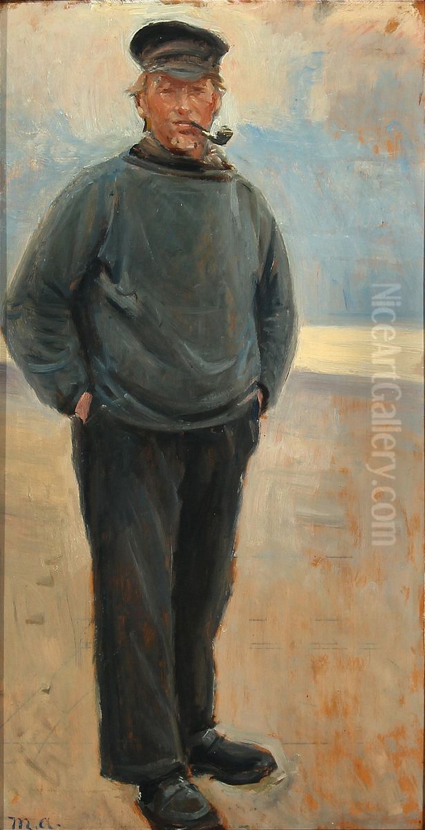 Costal scenery with a fisherman smoking his pibe. Oil Painting by Michael Peter Ancher