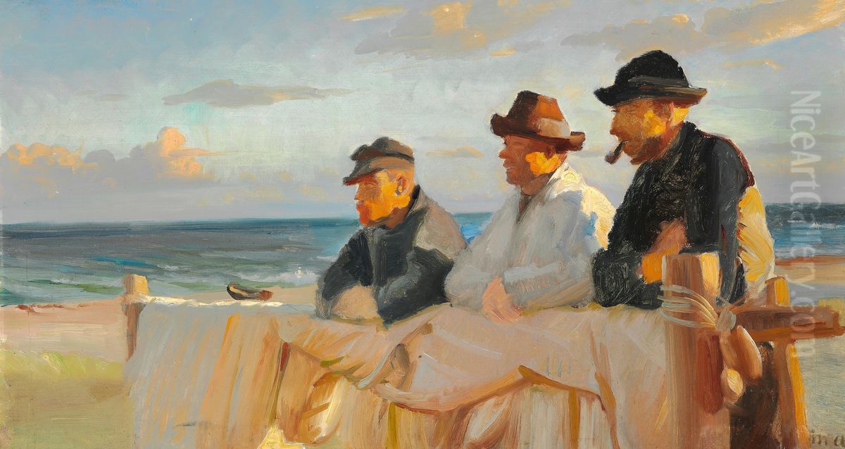 Three fishermen on Skagen beach in the evening sun. Oil Painting by Michael Peter Ancher