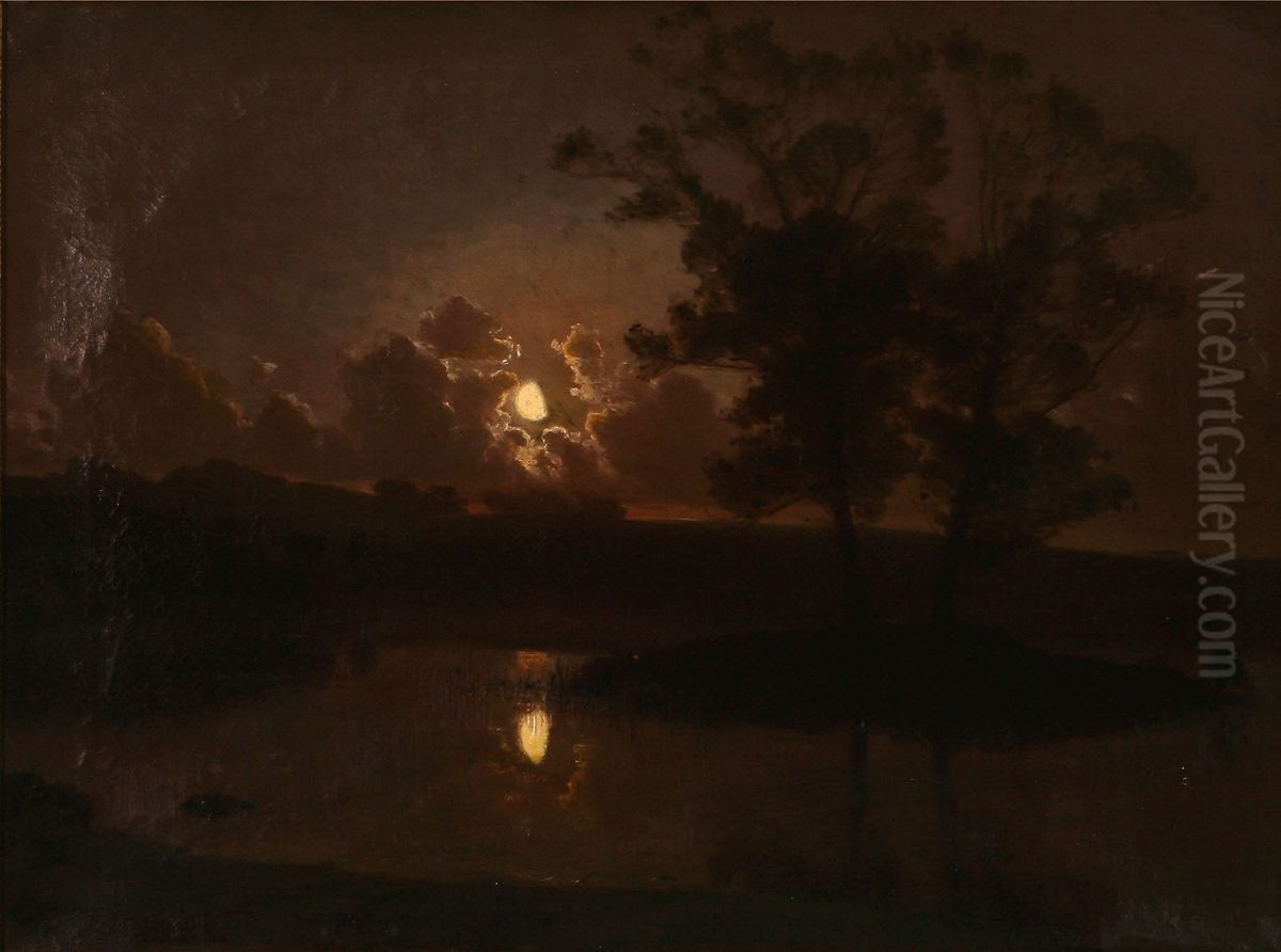 Hostaften ved Hjortekaeret, Jaegersborg Dyrehave, Maaneskin Oil Painting by August Jerndorff