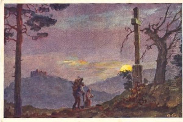 Nachtliche Beter am Kreuz beim Hambacher Schloss Oil Painting by August Croissant