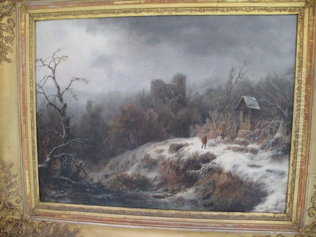 Winter Landscape with Ruins and a Chapel Oil Painting by August Piepenhagen