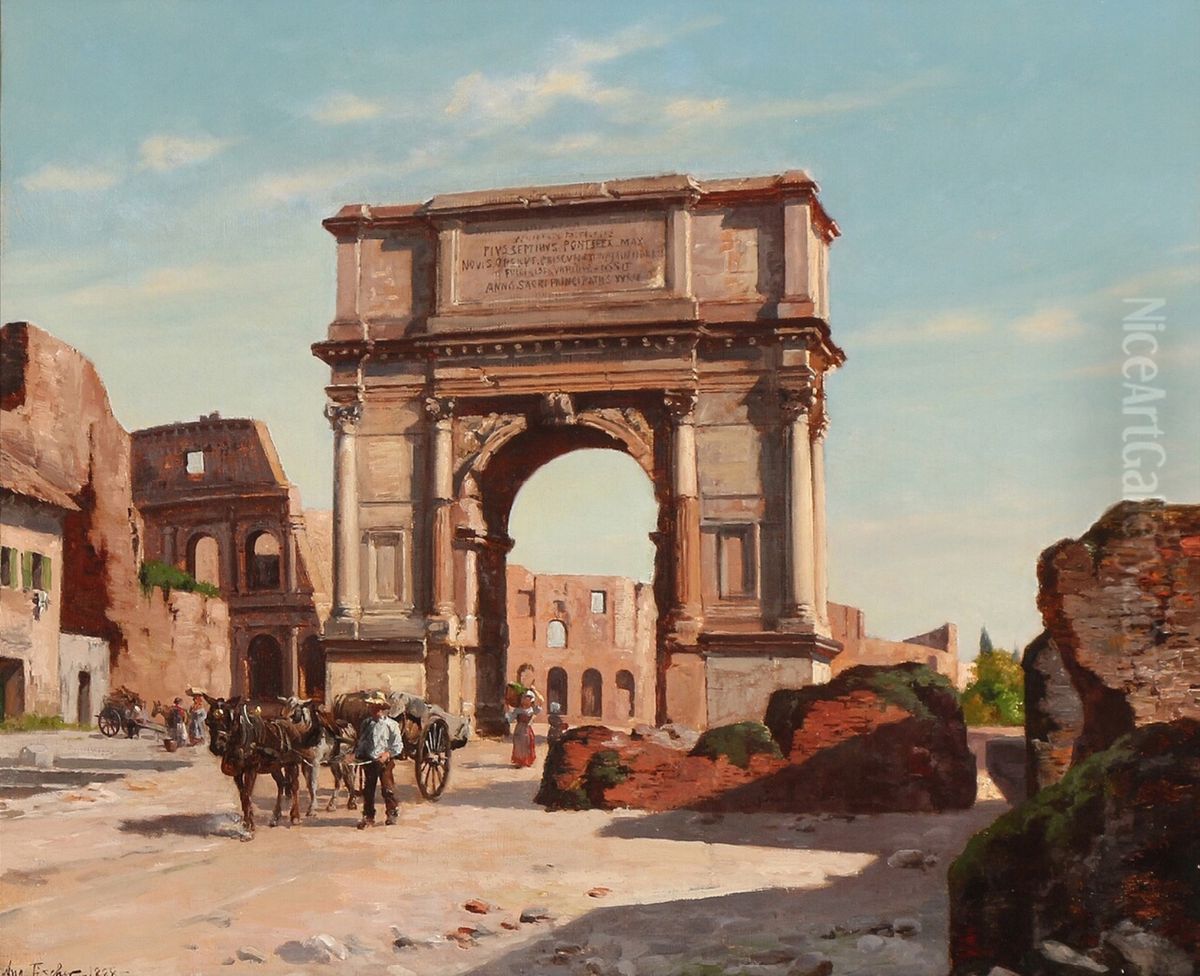 Prospect from Rome. Arch of Titus with the Colosseo in the background. Oil Painting by August Fischer