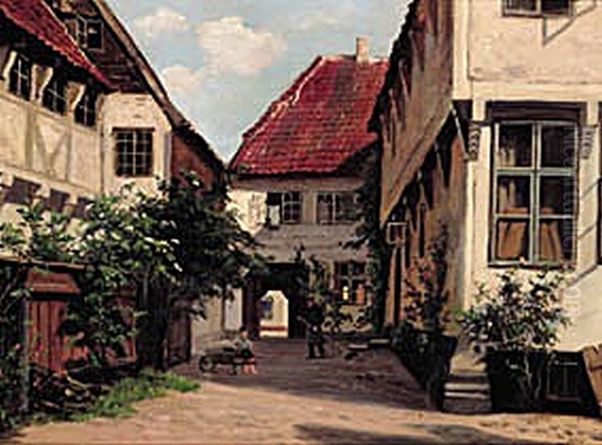 A courtyard in Ribe. Oil Painting by August Fischer