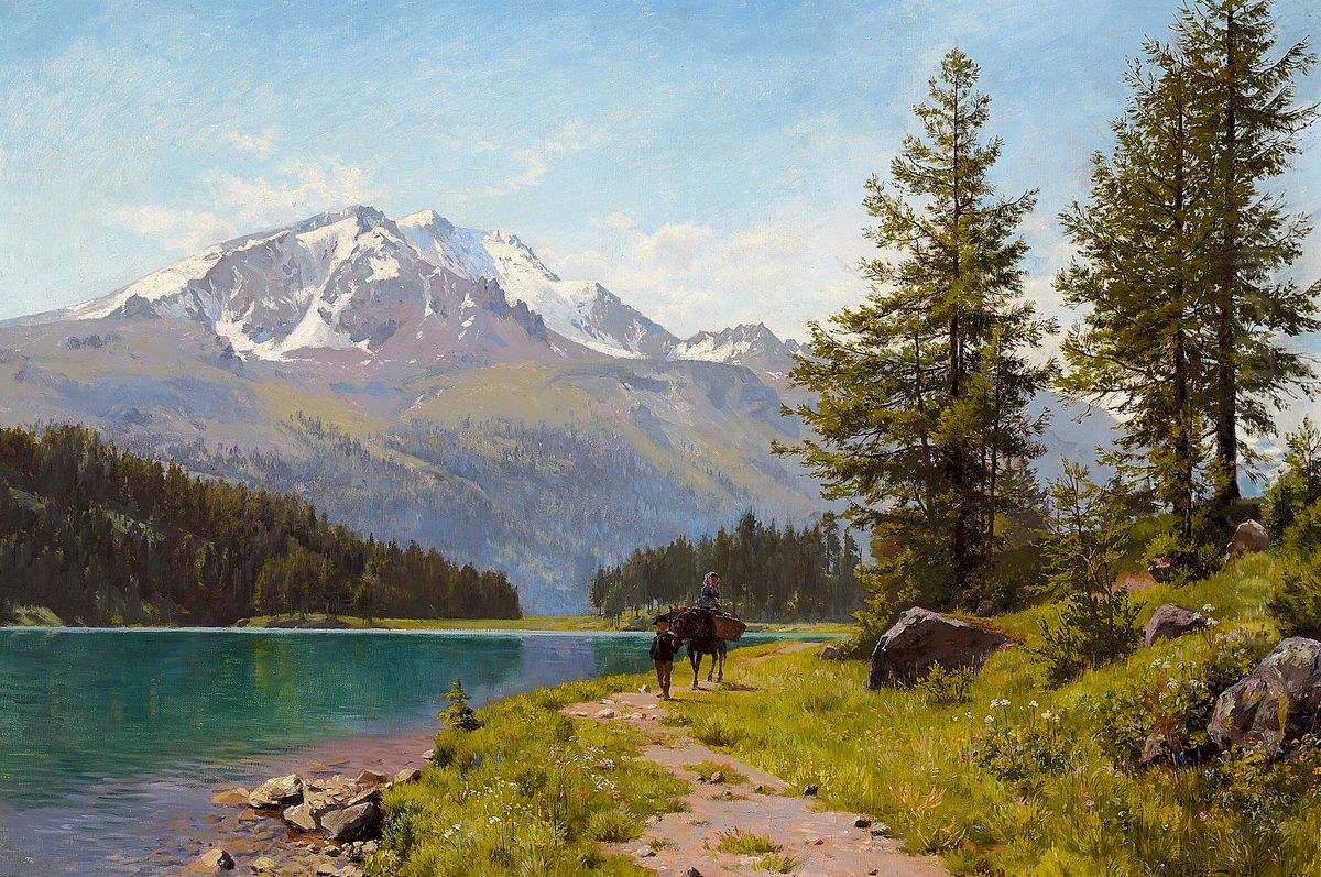 A summer day at Lake Sils in Switzerland. Oil Painting by August Fischer