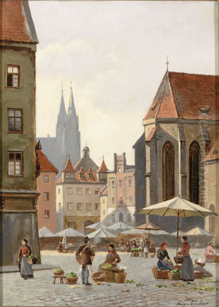 The Fruit Market in Nuremberg. Oil Painting by August Fischer