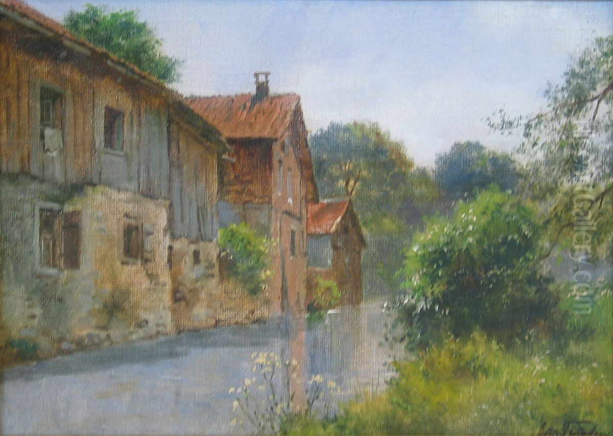 Houses at a canal. Oil Painting by August Fischer