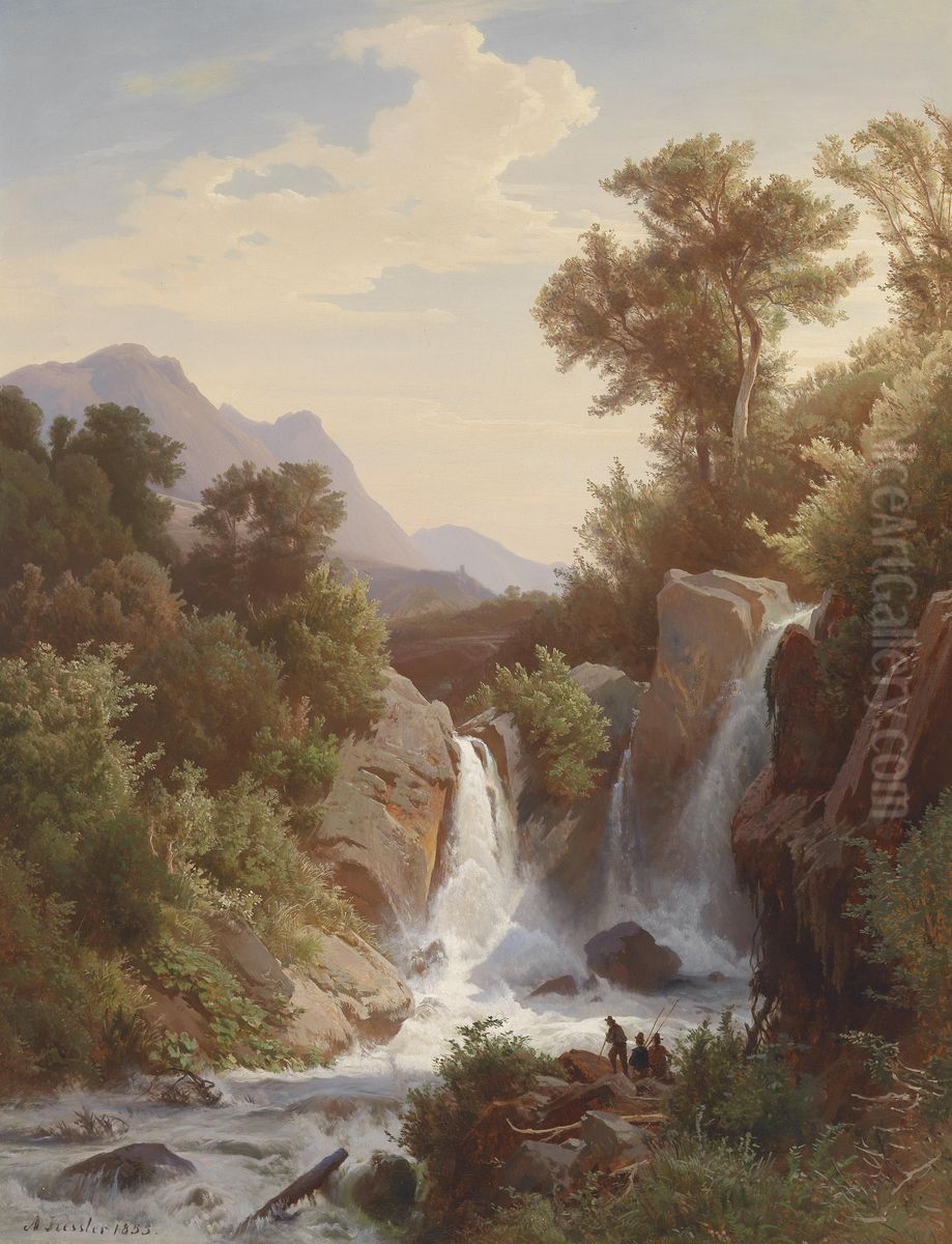Angler am Wasserfall Oil Painting by August Kessler