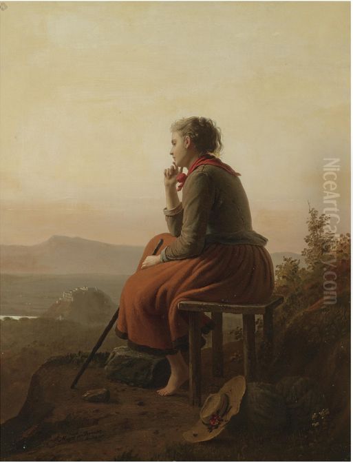 Over The Hills And Far Away Oil Painting by Johann Georg Meyer