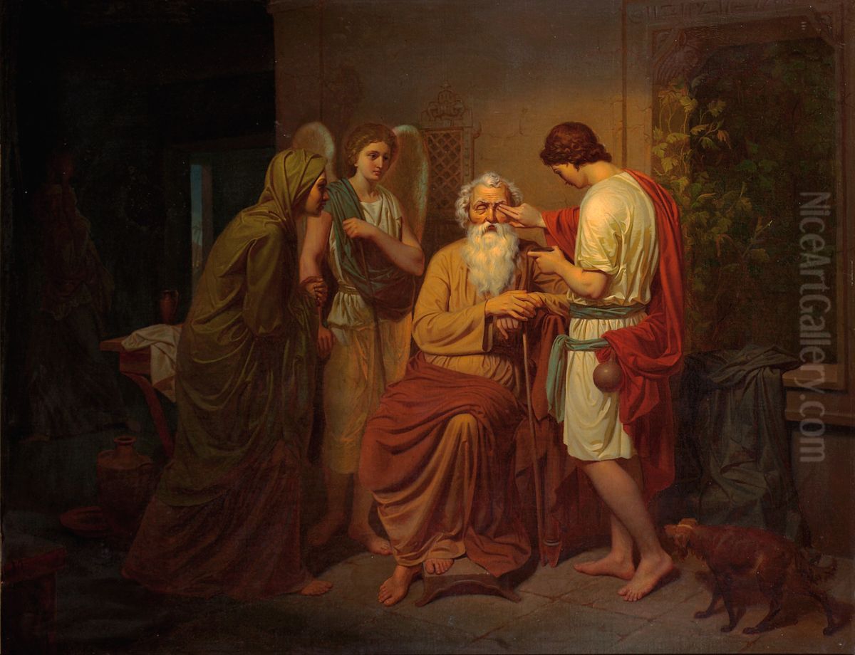 Tobias healing his blind father's eyes Oil Painting by August Malmstrom