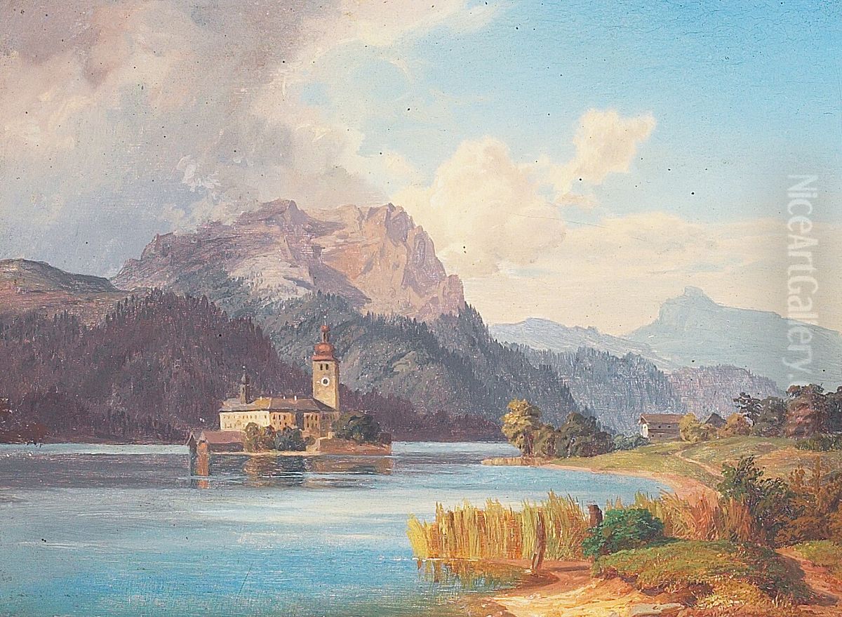 European river landscape with a monastery. Oil Painting by August Plum