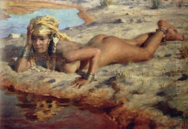 Au bord de l'oued Oil Painting by Nasreddine Dinet