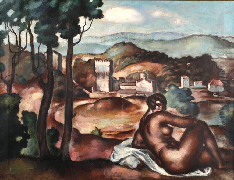 Zenski akt pred urbano krajino Oil Painting by Avgust Andrej Bucik