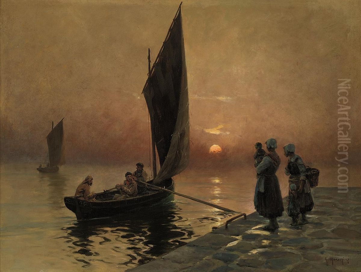 The Return of the Fishermen Oil Painting by Georges Maroniez