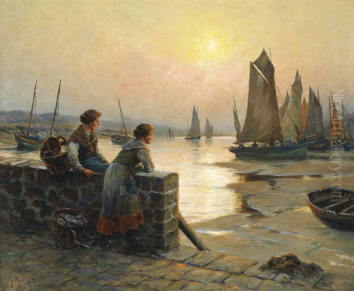 Waiting for the fishing fleet to return Oil Painting by Georges Maroniez