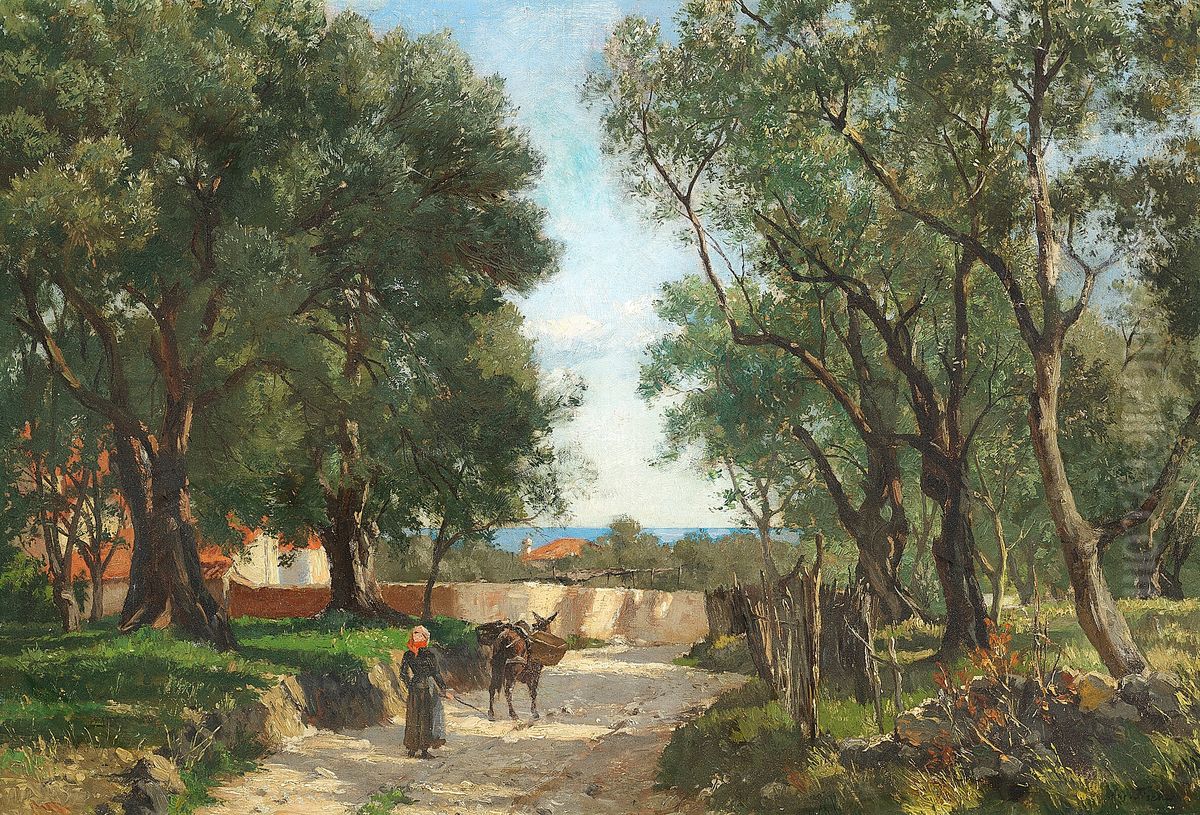 Girl driving a donkey. Oil Painting by August Fischer