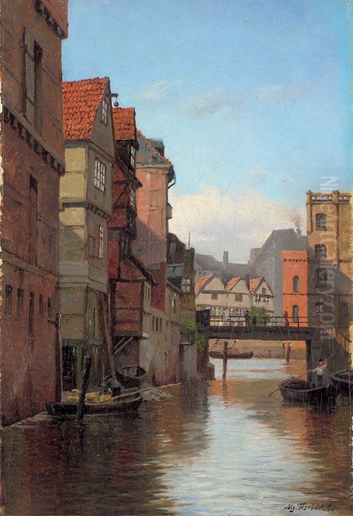 Hauser am Hamburger Fleet Oil Painting by August Fischer