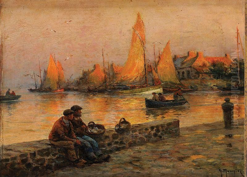 Fishing port at dusk Oil Painting by Georges Maroniez