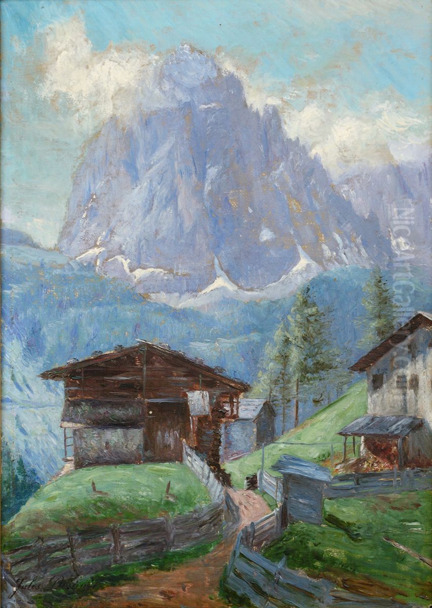 Barn Insom with Langkofel in Val Gardena Oil Painting by Jules Desgoffe
