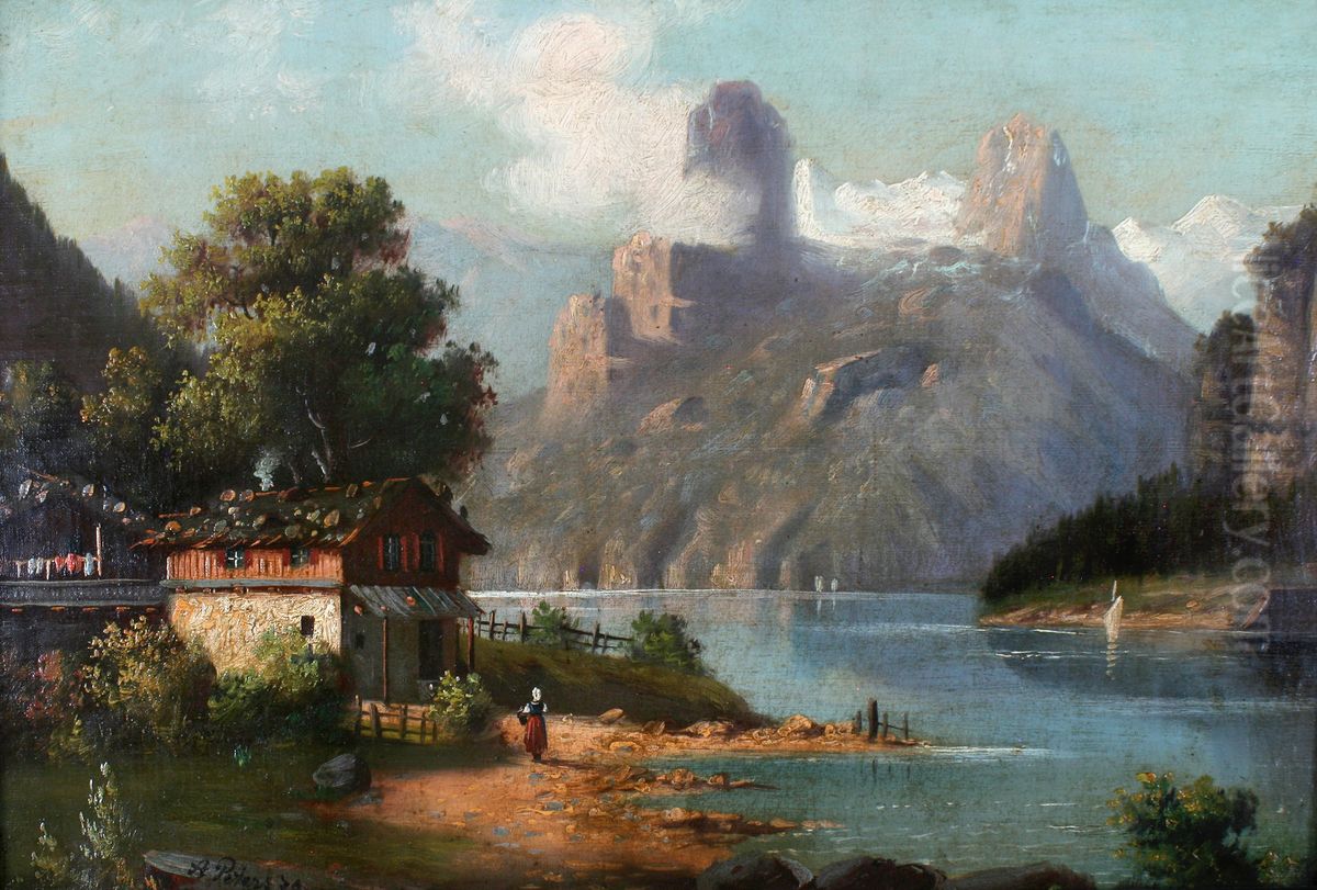 Cottage with lake and mountains Oil Painting by August Peters