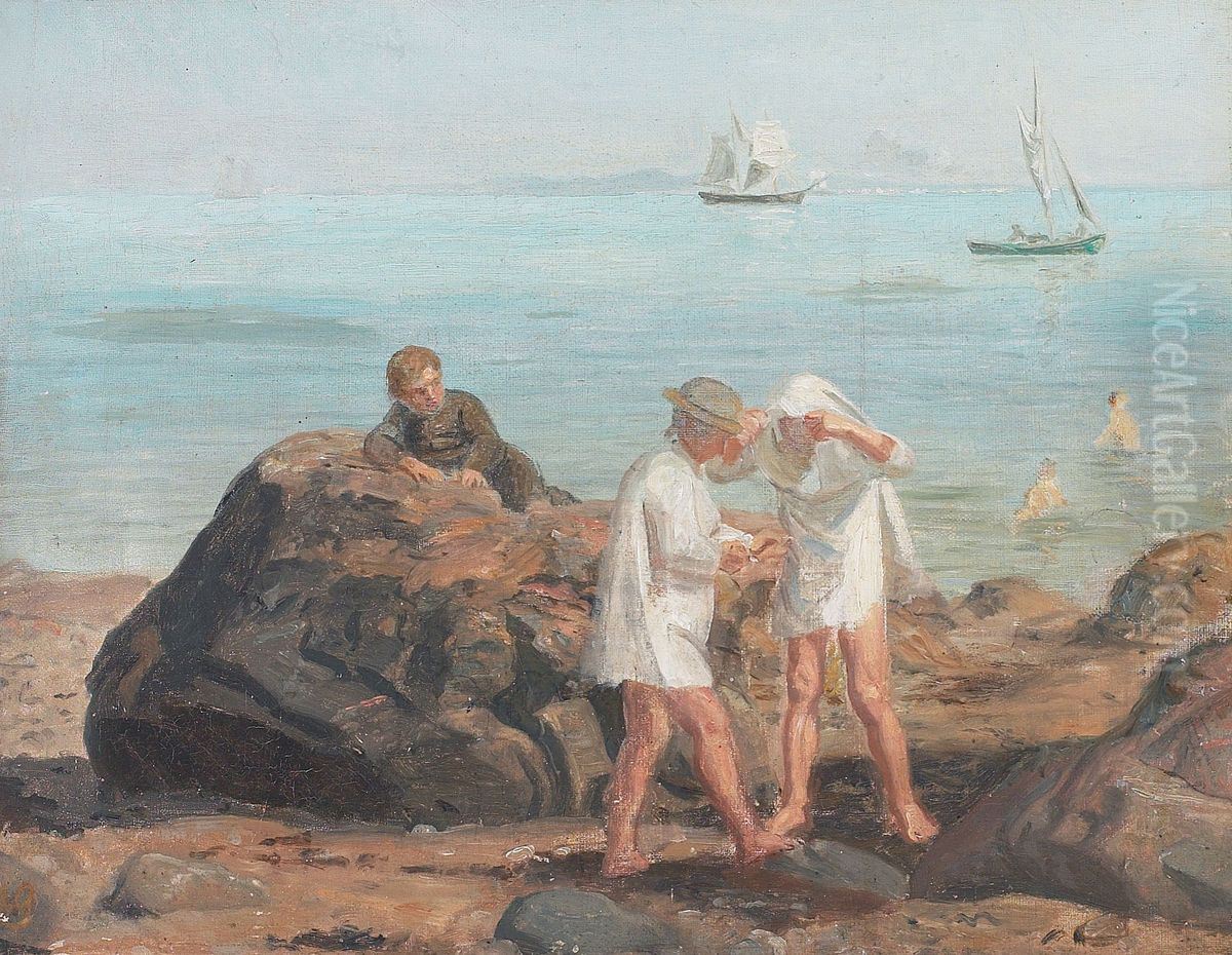 Bathing boys. Oil Painting by August Schiott