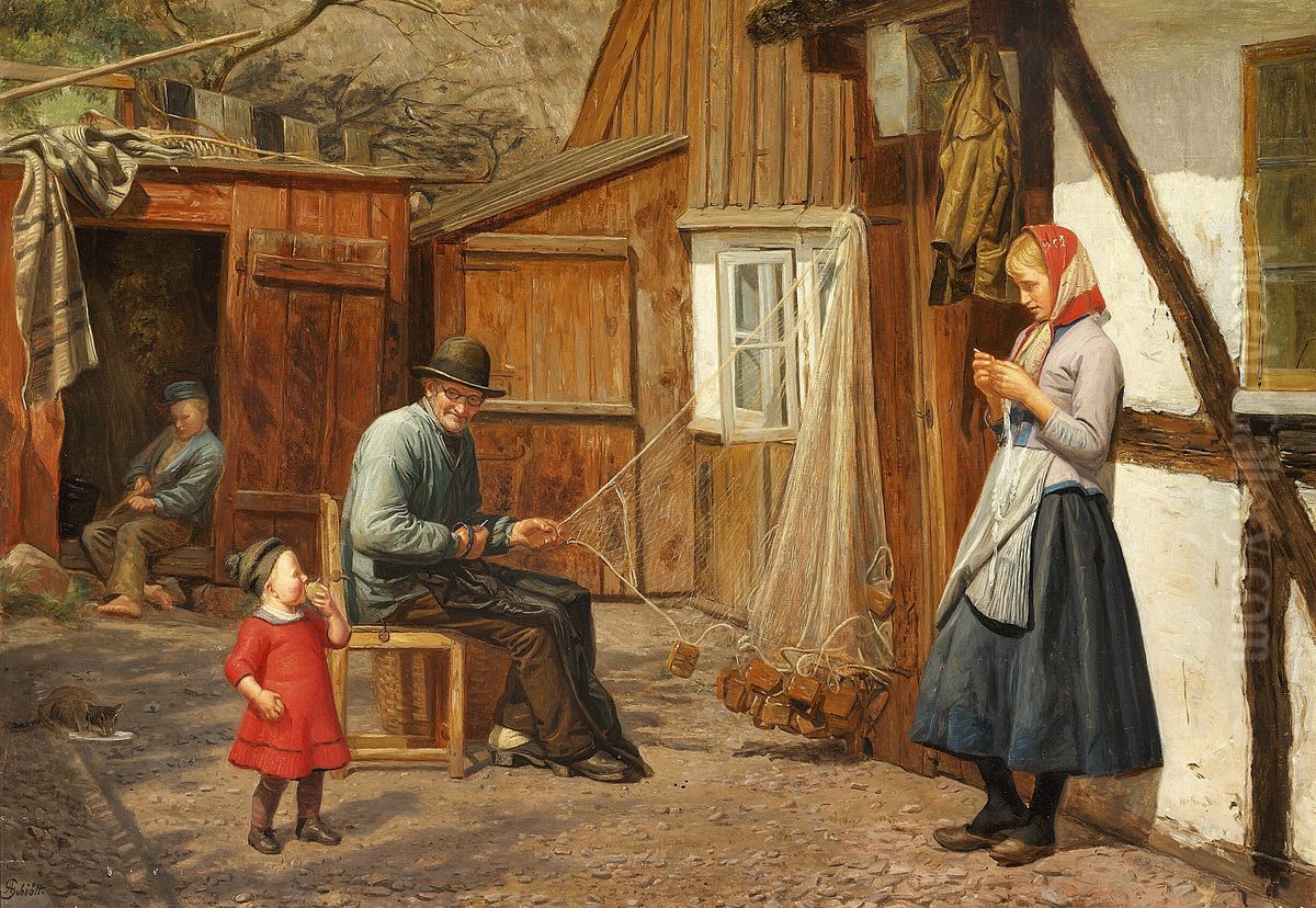 Young girl talking to a fisherman who is mending nets. Oil Painting by August Schiott