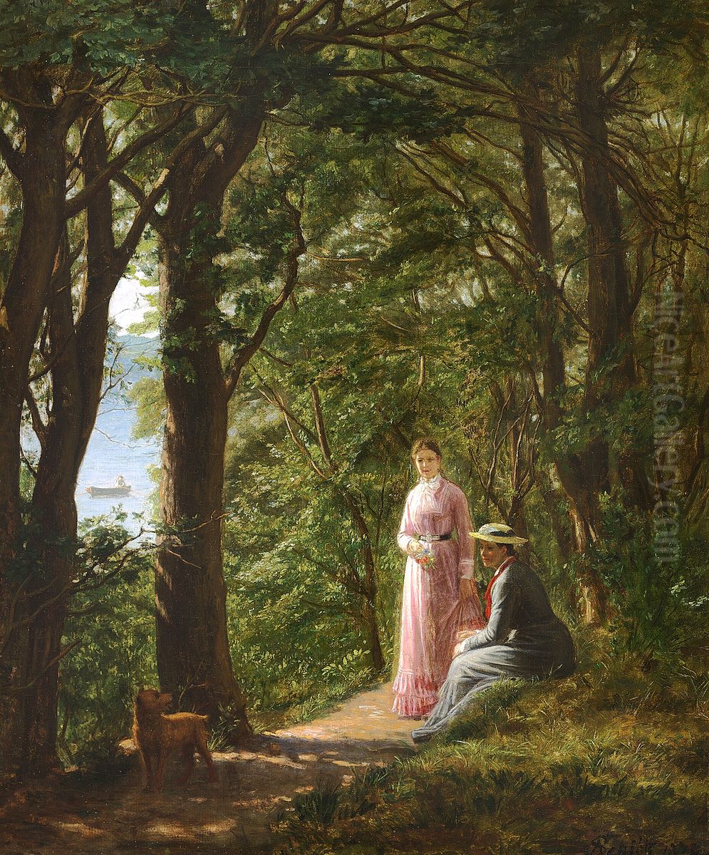 Two women and a dog on a path in the woods with a view of the sea on a summer day. Oil Painting by August Schiott
