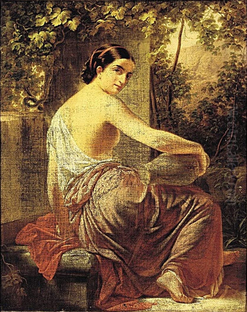 An Italian woman sitting with a jar. Oil Painting by August Carl Vilhelm Thomsen