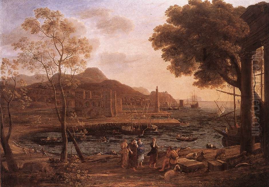 Harbour in rocky landscape Oil Painting by Claude Lorrain (Claude Gellee)