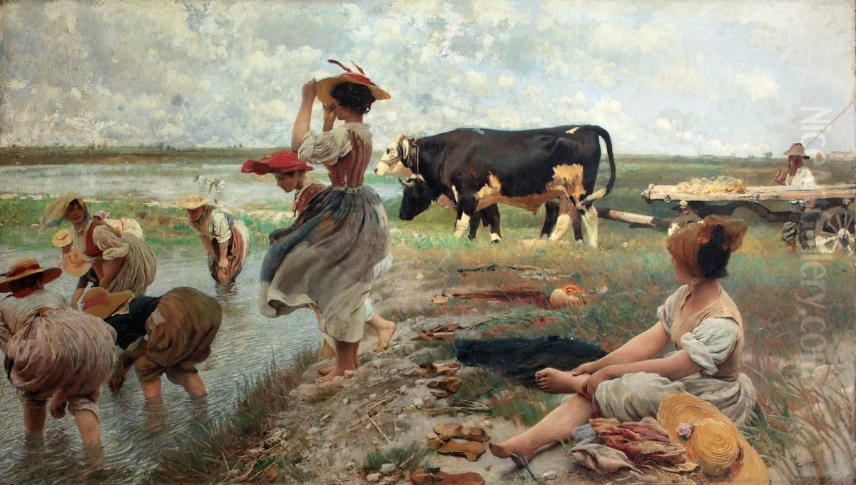 Women in the rice fields of Polesine Oil Painting by Ettore Tito