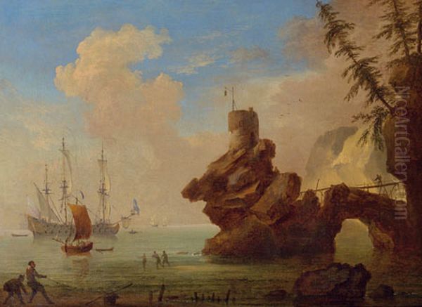 Kustlandschap met een vuurtoren op rotsen gebouwd; in de voorgrond halen vissers een net binnen Oil Painting by Adriaen Van Diest
