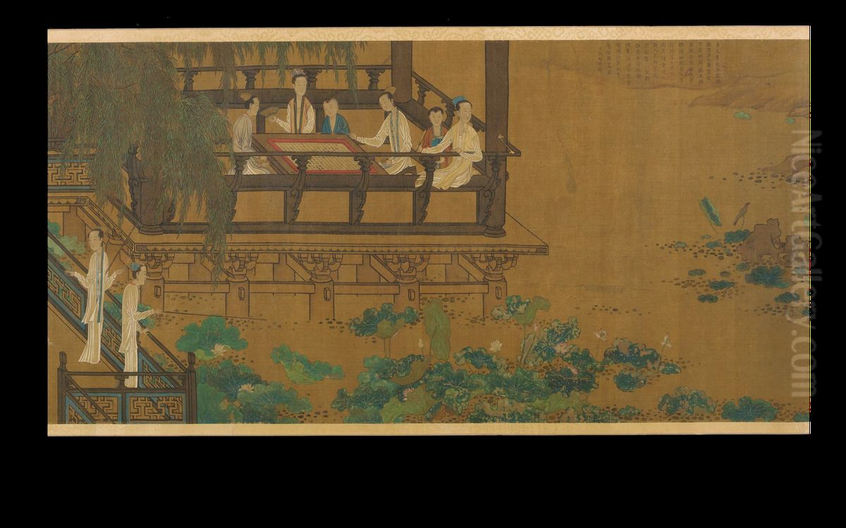 Palace Ladies by a Lotus Pond Oil Painting by unknown