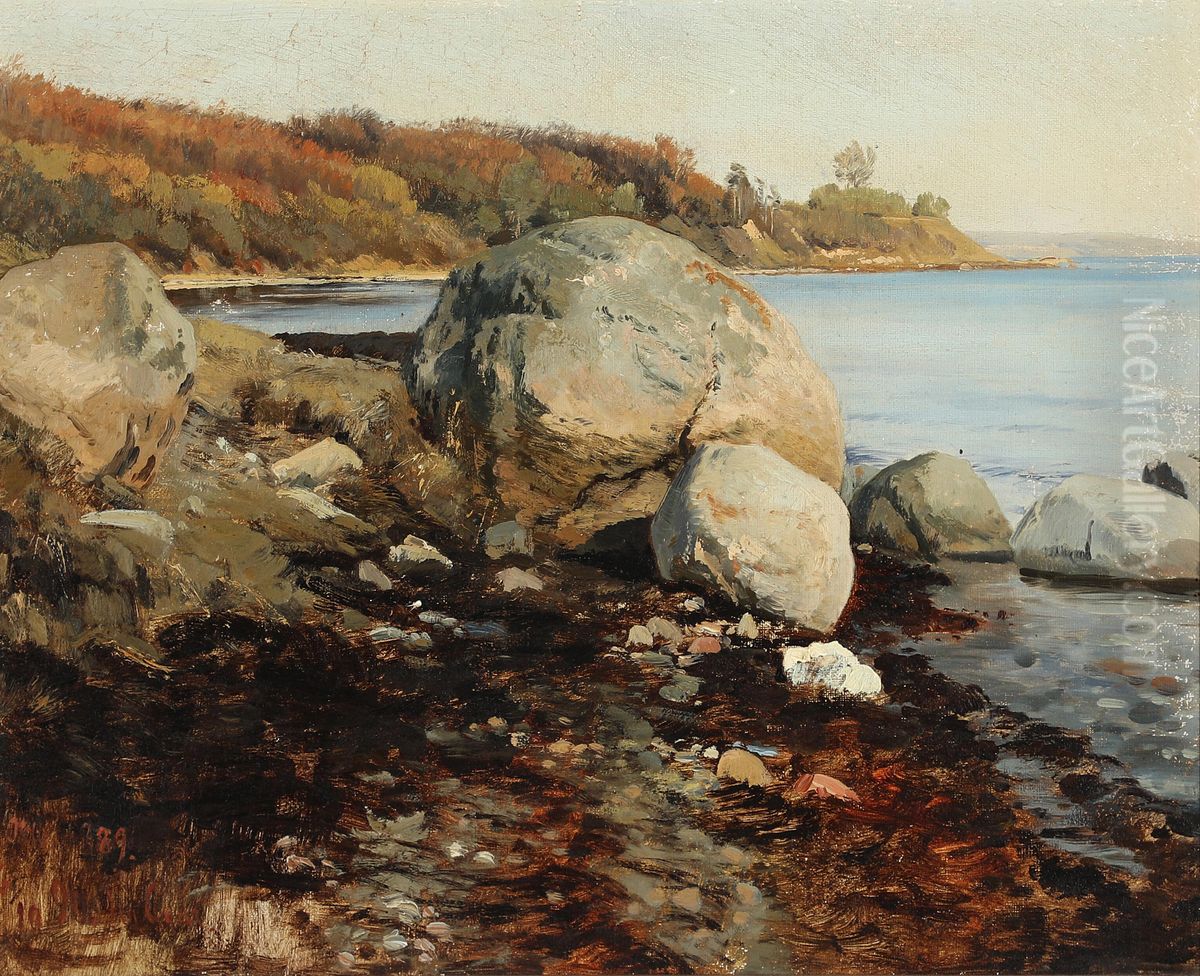 Strandparti med store sten Oil Painting by Janus Andreas Bartholin La Cour