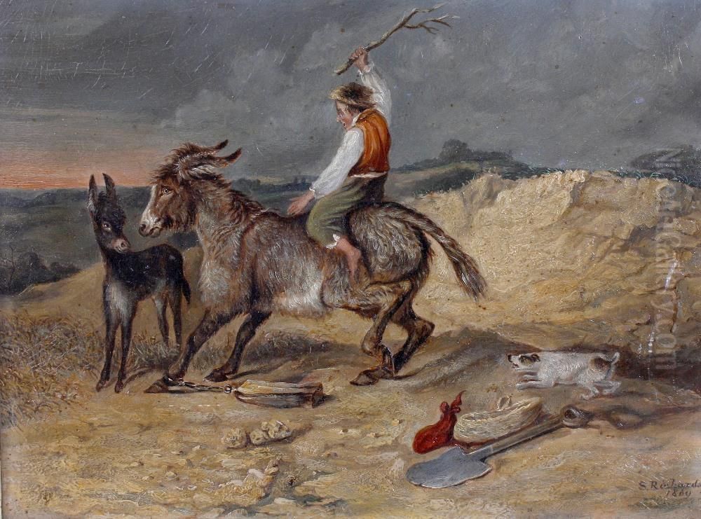 A man riding a stubborn mule Oil Painting by unknown