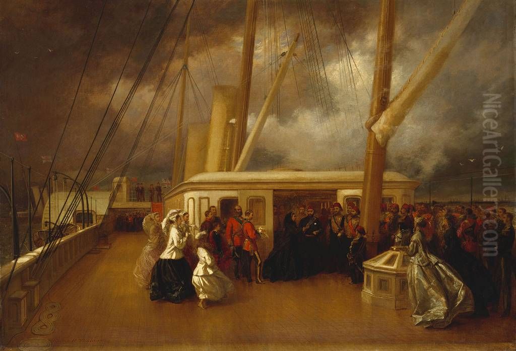 Victoria Queen of the United Kingdom of Great Britain and Ireland and Abdulaziz, emperor of the Ottoman Empire on the Royal yacht during the Sultan's official visit. Oil Painting by George Housman Thomas
