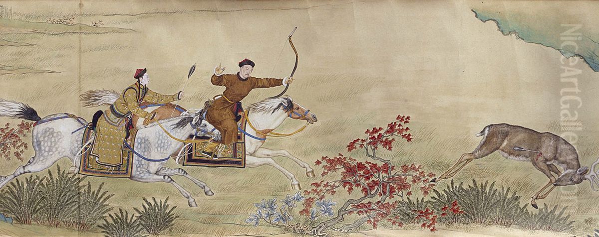 TheQianlong Emperorchasing a deer on a hunting trip Oil Painting by Giuseppe Castiglione