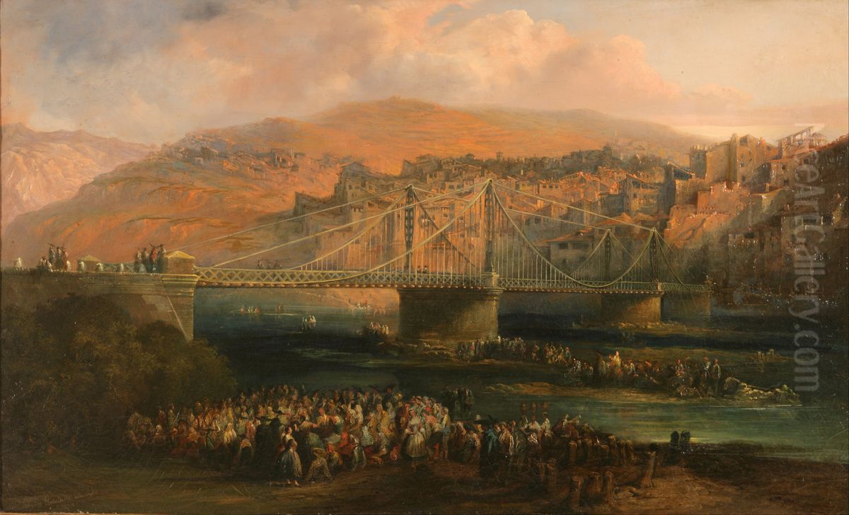 View of City of Fraga and its Hanging Bridge Oil Painting by Genaro Perez Villaamil Y Duguet