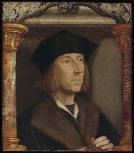 Portrait of a gentleman, bust-length, in a fur-lined-coat, telling a rosary, set in an architectural surround Oil Painting by Quinten Metsys