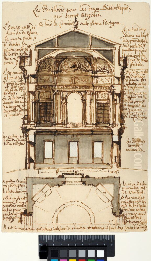 Proposal for a Library Pavilion for the Louvre, Paris. Section with interior elevation and plan Oil Painting by Nicodemus Tessin the Younger