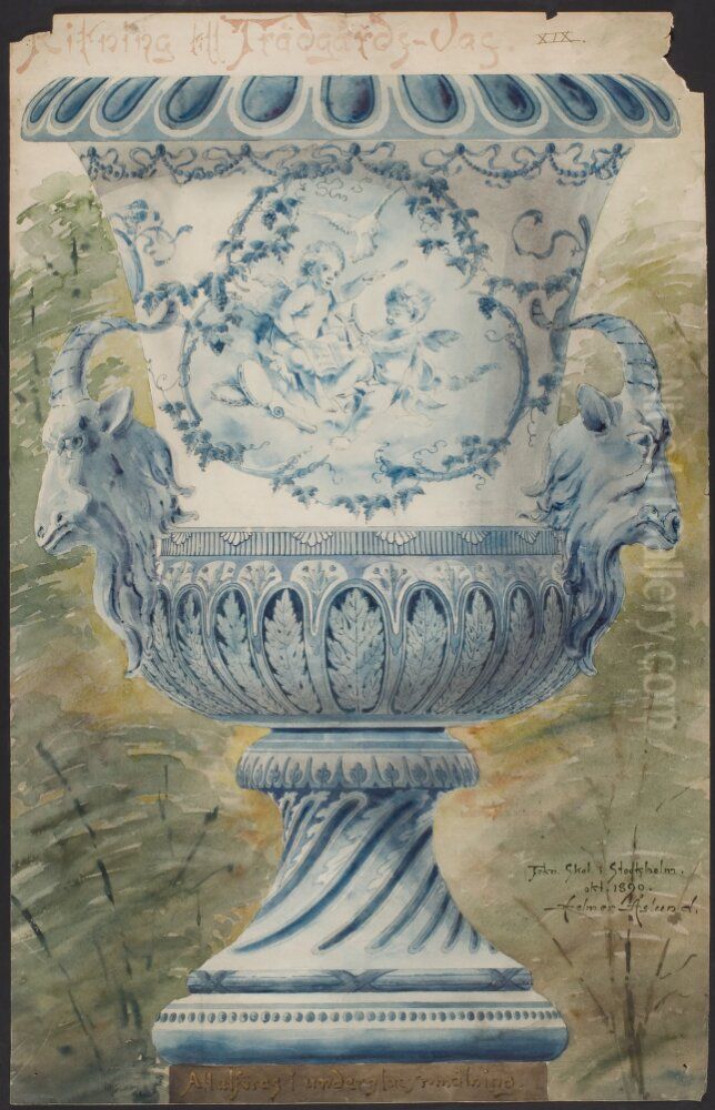 Stor bla urna med tva gethuvuden Oil Painting by Helmer Osslund