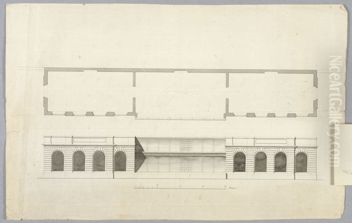 Forslag till orangeri, pa Drottningholm? Plan och fasad, med ett fasadalternativ pa en flik Oil Painting by Carl Harleman