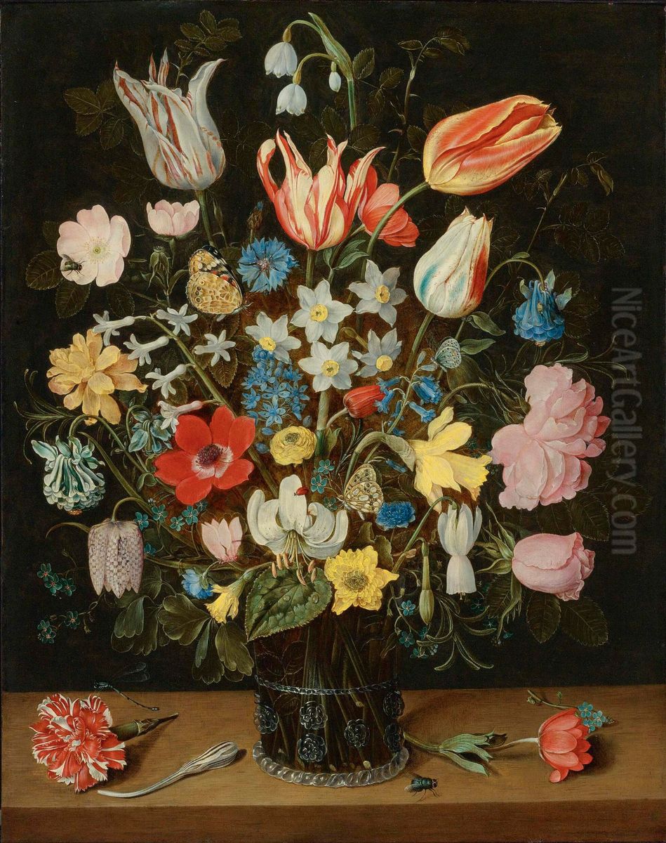 Still life of flowers in a glass beaker Oil Painting by Isaak Soreau
