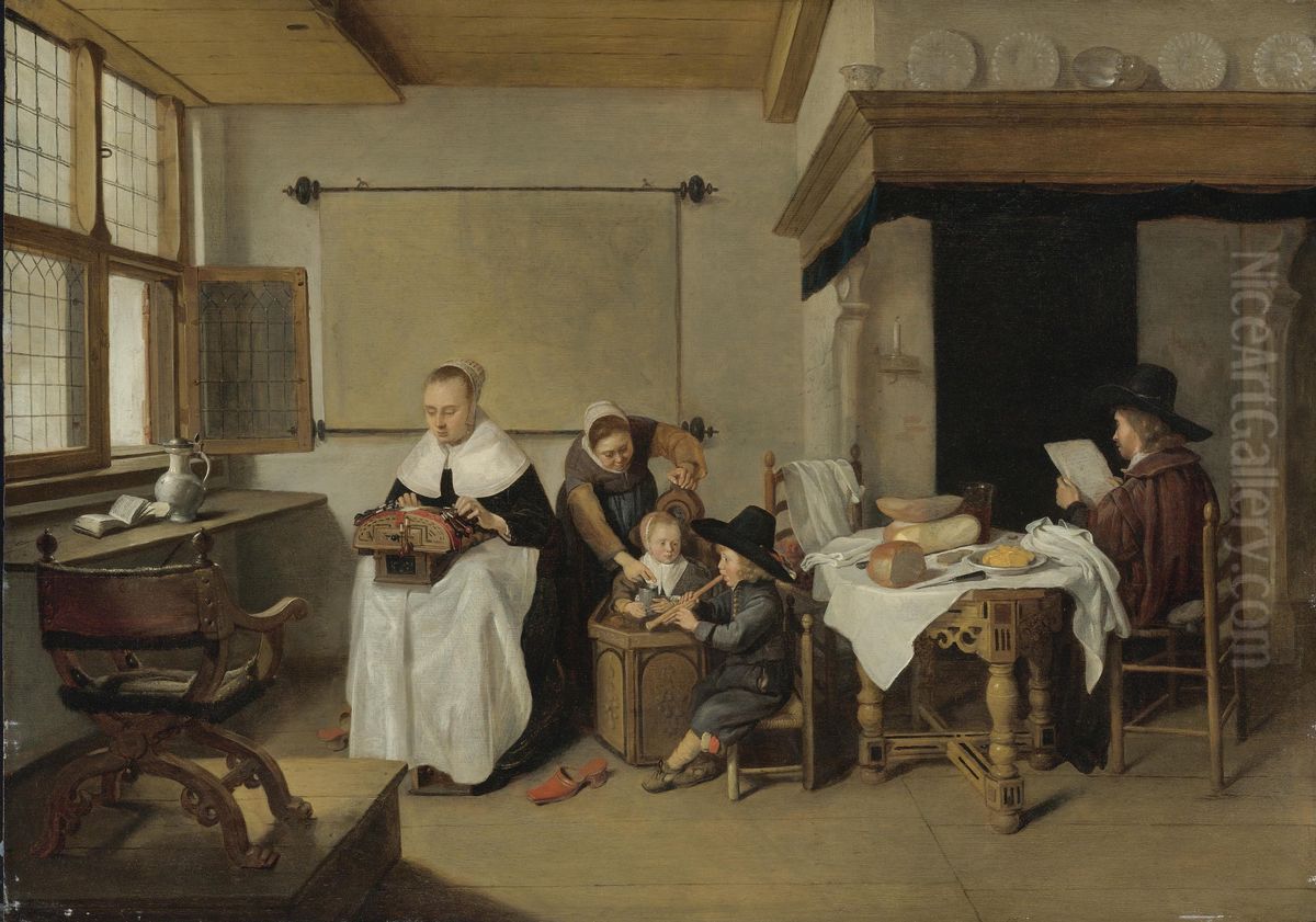 A Family in an Interior Oil Painting by Quirijn van Brekelenkam