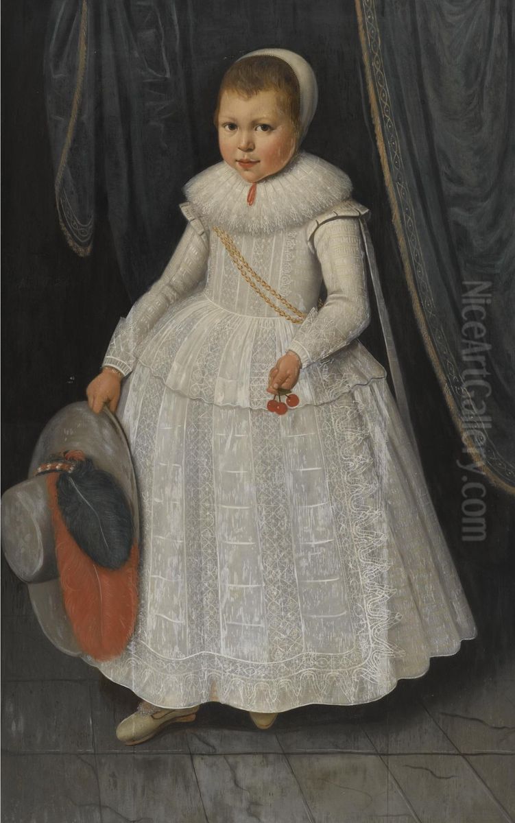 Portrait of a Young Girl, full length, wearing a white lace dress and holding a hat and cherries Oil Painting by Wybrand de Geest