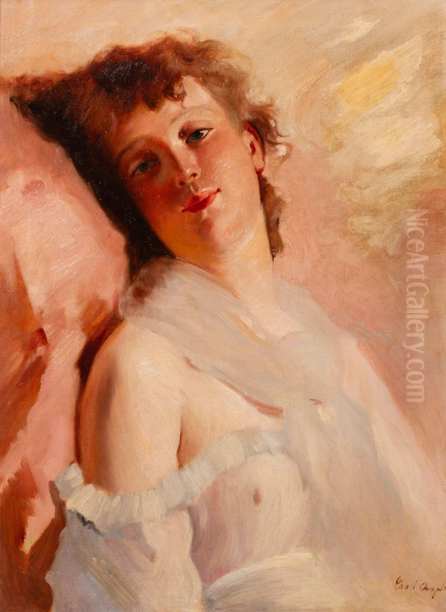 Portrait of a Young Beauty in a Sheer Blouse Oil Painting by Charles Joshua Chaplin