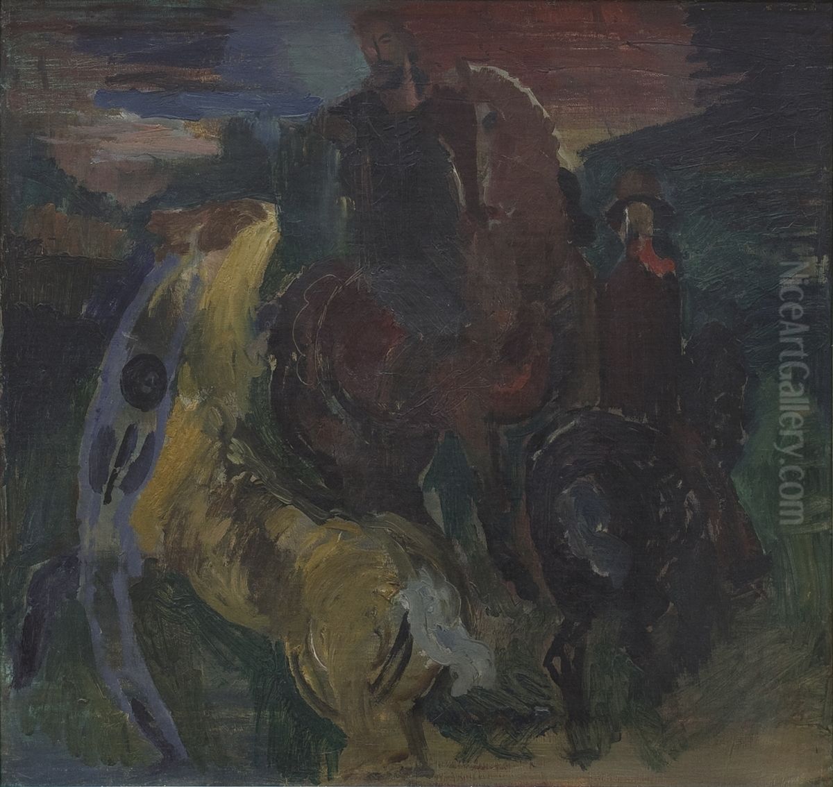 De tre ryttere. Studie. Oil Painting by Bjarne Ness