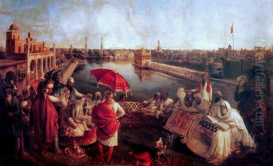 Maharaja Ranjit Singh listening to Granth Sahib being recited near the Golden Temple. Oil Painting by Agoston Schoefft