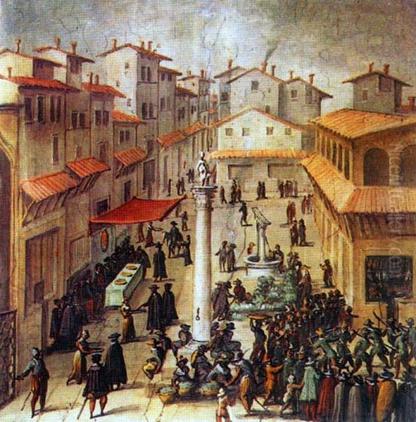 L'attualePiazza della Repubblica a Firenze, prima degli sventramenti ottocenteschi. Oil Painting by Stradanus